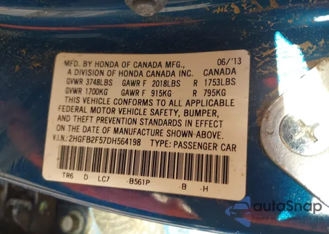 2013 Honda Civic Lx z USA, uszkodzony, nr VIN 2HGFB2F57DH564198